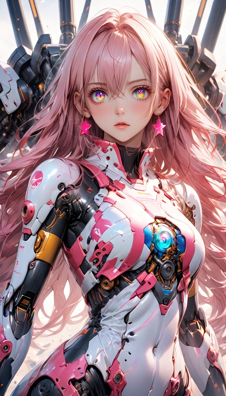 ((masterpiece))) whole body, whole body Shot (One Girl) ((Pink Hair, Long Hair, Straight hair, Both sides up))), ((Green Eyes))), eye shadow, eyeliner, Glow Eye, Hyper Detail Eye, Complex eyes, Beautiful Eyes, Detailed eyes, (((Star-shaped pupils, Shining pink eyes))) 18-year-old girl. (Wearing a transparent PVC jacket)) huge cool weapon mechanical in hand, huge cool weapon mechanical, Mecha, Mechaanism, mechanical, Open Stance, Coalesce(Realistic skin texture:1.3), rtrophto1