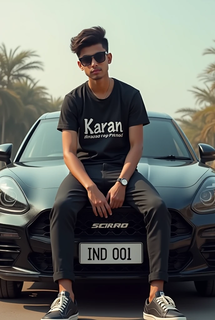 Create realistic photo of a 21 year old indian boy wearing sunglasses, boy is wearing fancy and good looking clocthes, on his t-shirt "Karan" name is written, boy is sitting on his Black Scorpio car, Car has number plat no. "IND 001", hyper realistic 3d photo