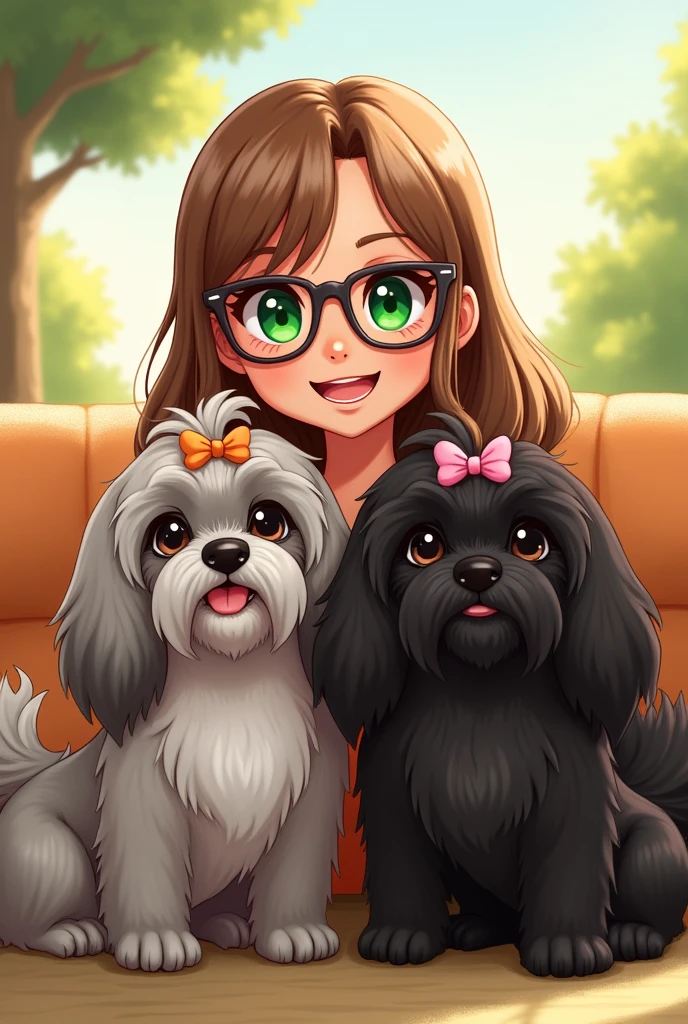 I create a 2D image, me with long, light brown hair, green eyes and I wear glasses. not sofa, with my two Lhasa dogs, One is gray and the other is black with bows on their heads.
