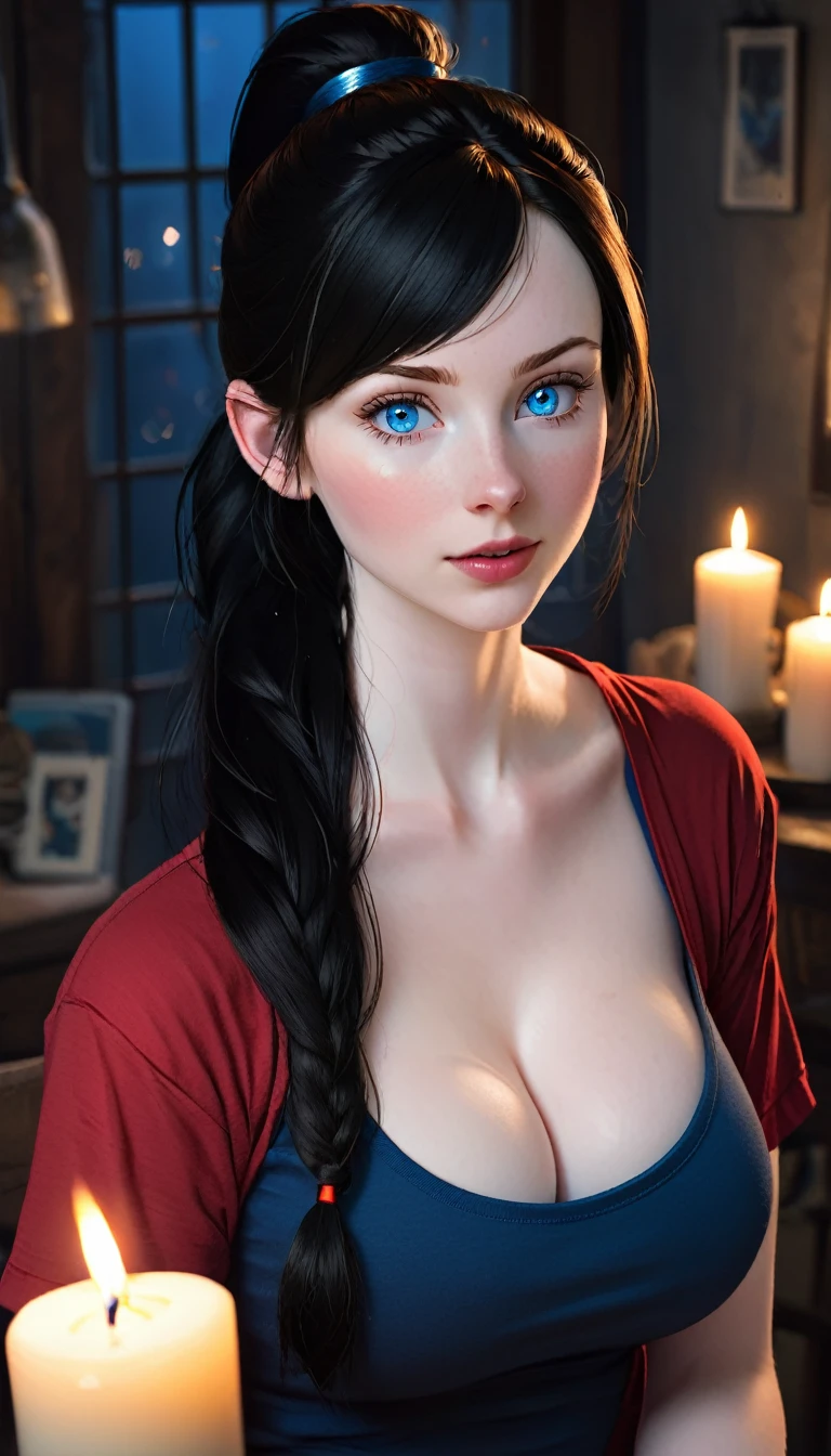 skini girl, red t-shirt , (((((pale skin)))))), blue eyes, white girl, deep black hair, ultra realistic, , large breast, (((huge breast))), ponytail hair, candle lights,