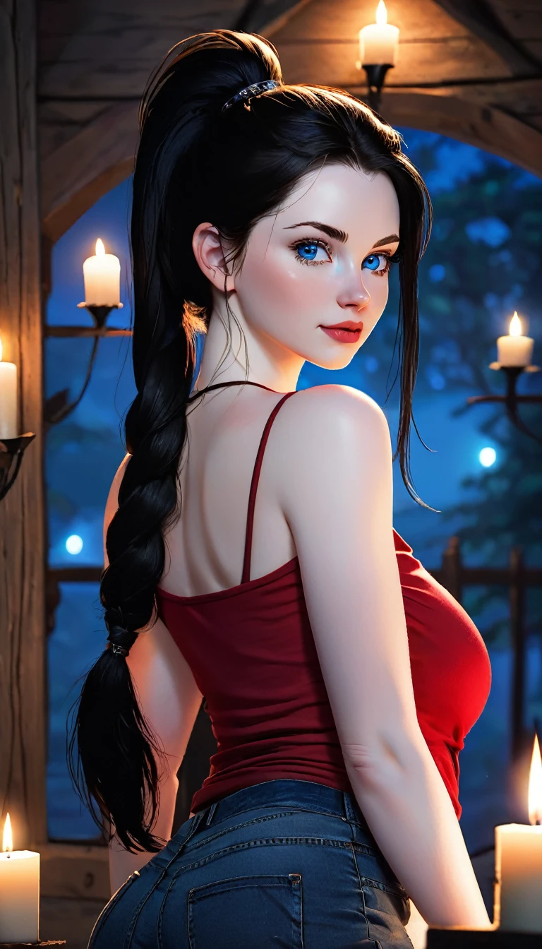 skini girl, red t-shirt , (((((pale skin)))))), blue eyes, white girl, deep black hair, ultra realistic, 16 years old, large breast, (((huge breast))), ponytail hair, candle lights,