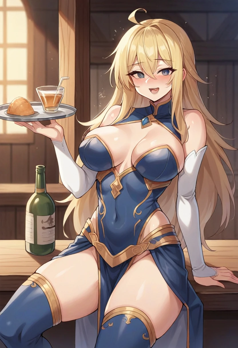 anime, elven adventurer, big breasts, thick thighs, nice hips, skimpy leather armor, bow, blonde hair, tavern, drunk, undressing (breast plate),