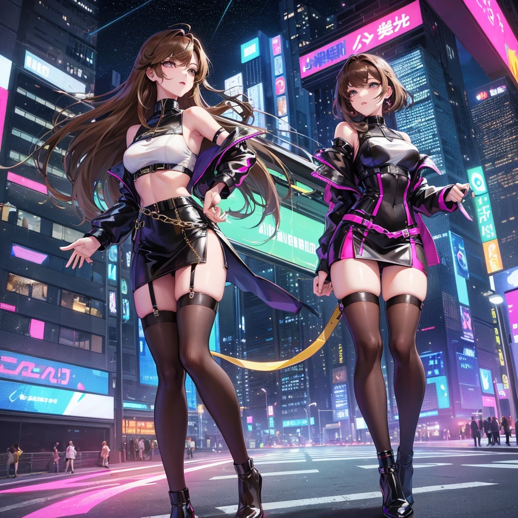 Sure, here's a prompt for you:

"A futuristic girl stands confidently in the bustling heart of a neon-lit city. She has wavy brown hair that cascades down to her shoulders, complementing her bold and daring look. Her outfit consists of a sleek, high-tech mini skirt with metallic accents and thigh-high stockings that add a touch of elegance and strength. The cityscape around her is vibrant and alive, with towering skyscrapers and colorful holographic advertisements illuminating the night. She is a beacon of style and modernity in this advanced urban jungle." NO HENTAI NOOOOOOO
