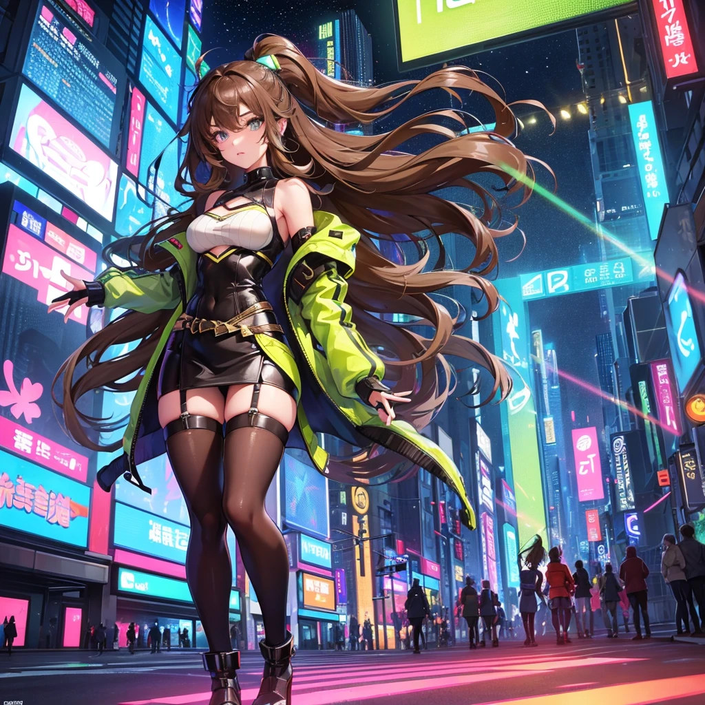 Sure, here's a prompt for you:

"A futuristic girl stands confidently in the bustling heart of a neon-lit city. She has wavy brown hair that cascades down to her shoulders, complementing her bold and daring look. Her outfit consists of a sleek, high-tech mini skirt with metallic accents and thigh-high stockings that add a touch of elegance and strength. The cityscape around her is vibrant and alive, with towering skyscrapers and colorful holographic advertisements illuminating the night. She is a beacon of style and modernity in this advanced urban jungle." NO HENTAI NOOOOOOO