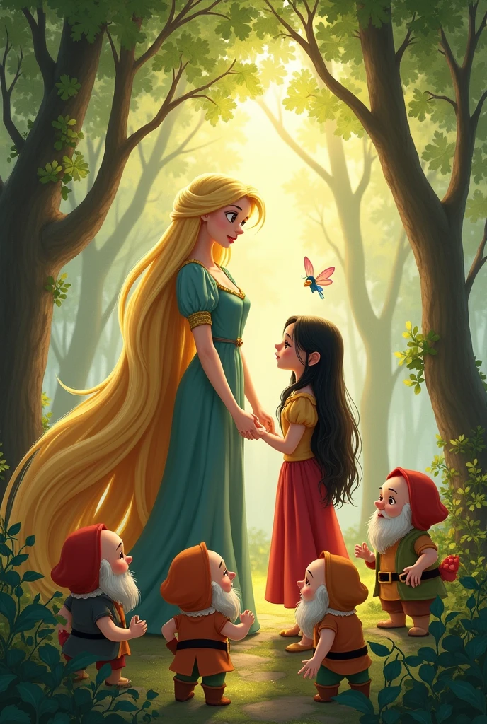 Create a Rapunzel image, Snow White the same size as Rapunzel, the seven dwarfs and a fairy