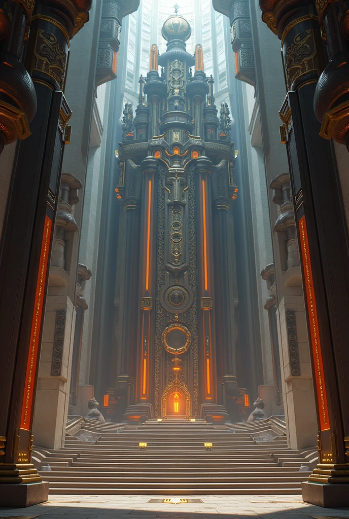 a huge throne room with a huge and tall throne
majestic but a littli bit futuristic