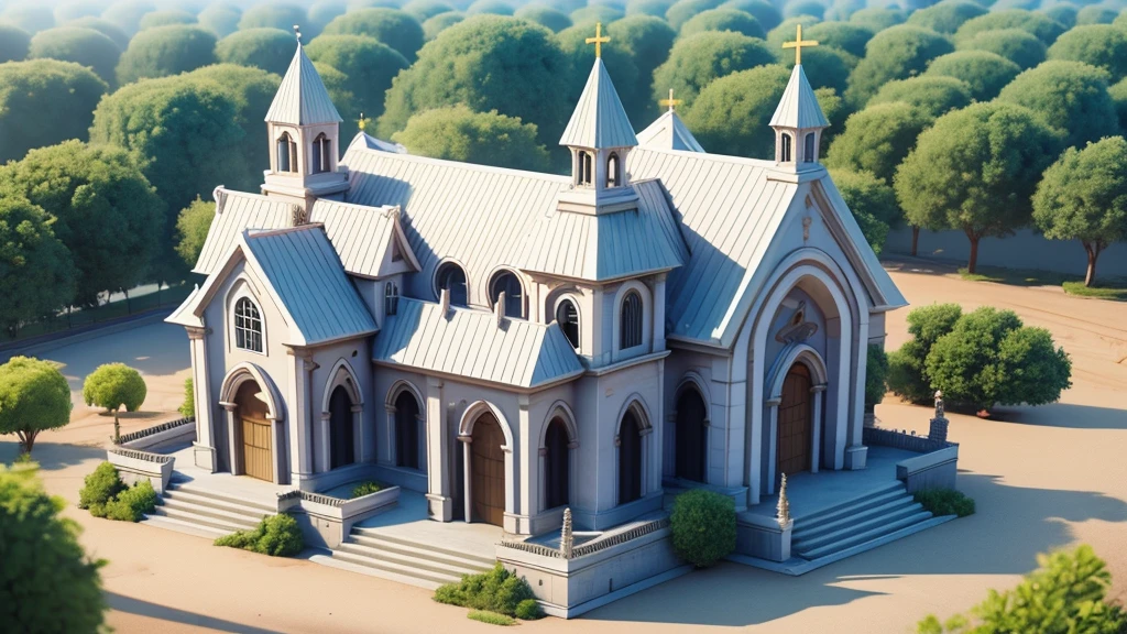 ongoing construction of a massive church with zinc roofing building in the kingdom of alvoria, cartoon pixel 3D 