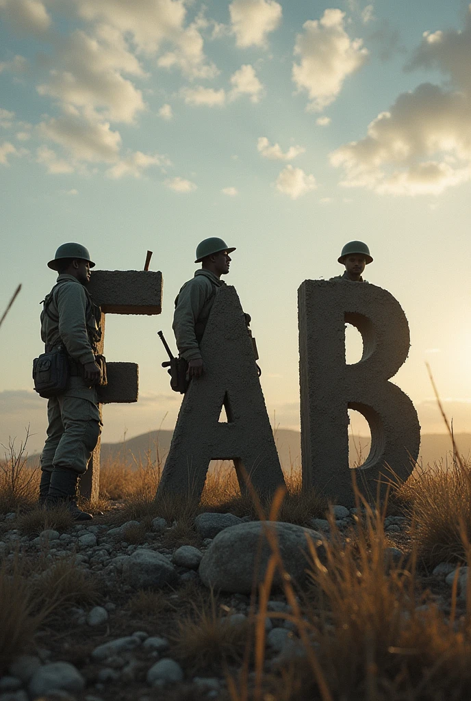 Three War Heroes in the shape of letters FAB on a battlefield