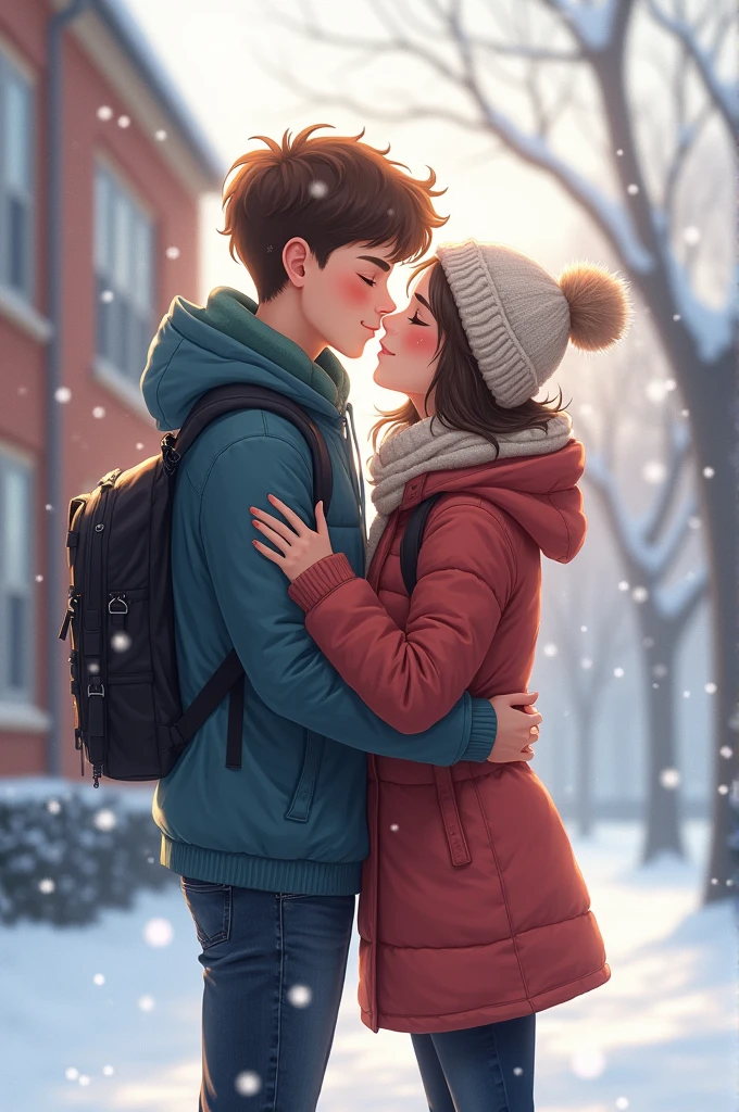 Boy and his girlfriend in high school students and out side in school and winter session in on snow fall suitation and girl kis boy