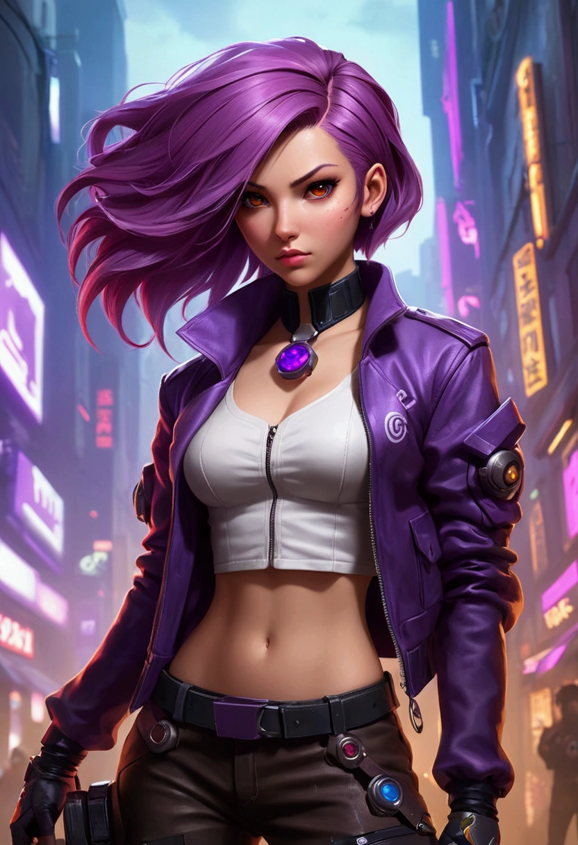 Estilo Fille de League of Legends, uma mulher com cheveux violets, femme cyberpunk femme anime, potassium, Belle déesse cyberpunk en colère, style artistique cyberpunk, cyberpunk anime art numérique, arte de anime cyberpunk, Affiche de film, jeune fille, arte de anime cyberpunk, art sur le thème du cyberpunk, cyberpunk fantaisie sombre, Fille de League of Legends, 1 fille, cheveux violets e curto , cheveux courts, garota de cheveux violets, cheveux courts, endroit en feu, chemise blanche, veste en cuir rouge foncé, latéralement, fille dans une rue abandonnée, cheveux violets, cheveux courts, yeux verts, Lèvres roses, debout, ultra détaillé, travail brut, super détaillé. Fille de League of Legends. Garota de cheveux violets/violette, fille en pantalon marron, chemise blanche, veste en cuir rouge foncé, estilo uma garota de Resident Evil em um endroit en feu, Étincelle, sphères de lumière, Affiche de film, League of Legends, Style League of Legends, Vu des arcanes dans une ville abandonnée, Tout brûle, le feu partout, garota de cheveux violets,  cheveux courts 