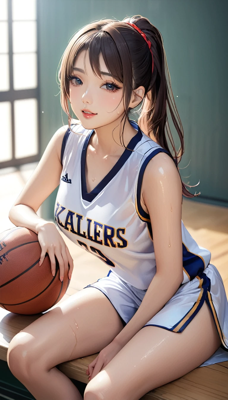 (masterpiece,Highest quality,Ultra-high resolution),Japanese women, (((Very beautiful 25 year old girl))), pretty girl、Look at the photographer、 ((Beautiful low ponytail)), Very cute face, Glossy Lips, Double eyelids on both eyes,Natural smile、 Natural Makeup, Long eyelashes, Shiny and smooth hair、Center image, Perfect limbs, Perfect Anatomy,(((Basketball Sleeveless Uniform)))、,(Wet with sweat),,Looking Back