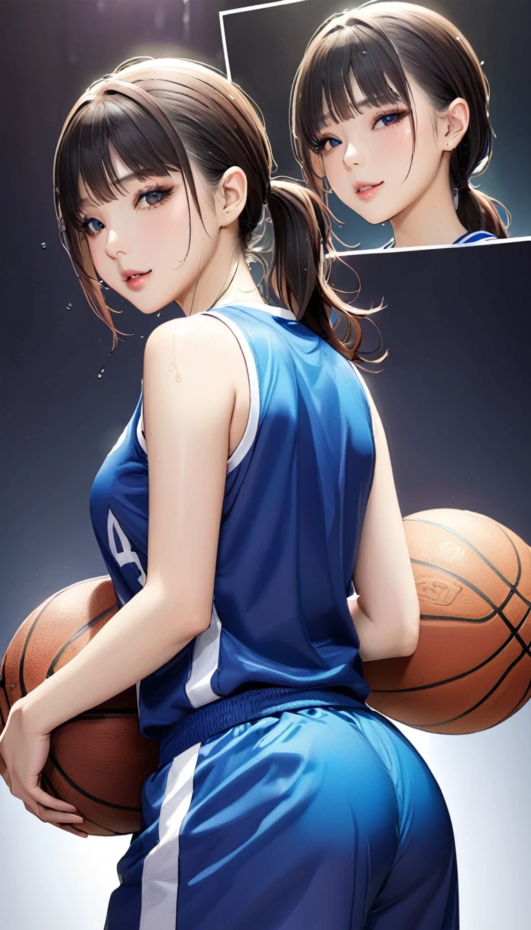 (masterpiece,Highest quality,Ultra-high resolution),Japanese women, (((Very beautiful 25 year old girl))), pretty girl、Look at the photographer、 ((Beautiful low ponytail)), Very cute face, Glossy Lips, Double eyelids on both eyes,Natural smile、 Natural Makeup, Long eyelashes, Shiny and smooth hair、Center image, Perfect limbs, Perfect Anatomy,(((Basketball Sleeveless Uniform)))、,(Wet with sweat),,Looking Back