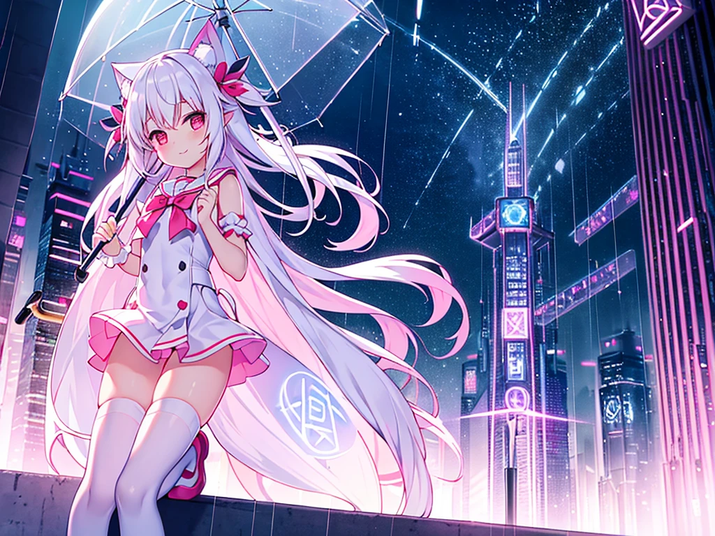 (Masterpiece),(Best quality),Extremely detailed Cg Unity 8K wallpaper,(best character detail:1.36),Cyberpunk city setting,Night,Exquisite architecture,(Delicate background),(Soft glow:1.1),(Runes floating in the air:1.42),There are too many runes floating around the character, 1girll:0.4,Solo,Young,,White cape,cat ear,Pink and white hair,Bright,Love decoration,Light blush,ssmile,Shut your mouth, Break the white sailor suit, full bodyesbian , Bareleged , White and pink shoes The picture is on the right side of the picture,Holding a transparent umbrella,raining day,in the rain