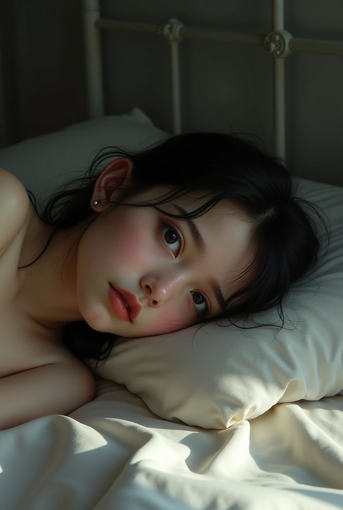 age girl, innocent face, unclothed, realist, bed.
