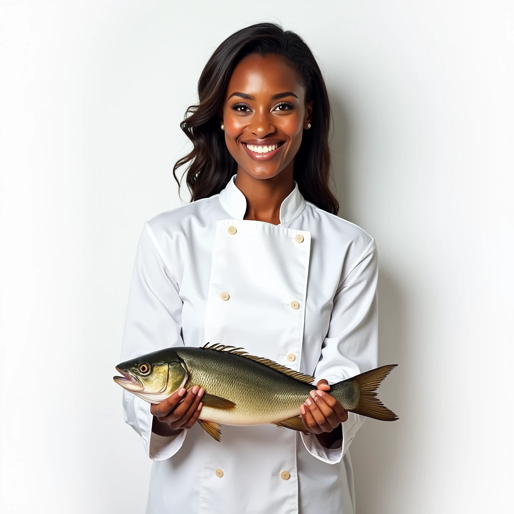 Woman, chef, black skin, smiling, holding fresh live fish, relaxed pose, best quality, detailed, white plain background
