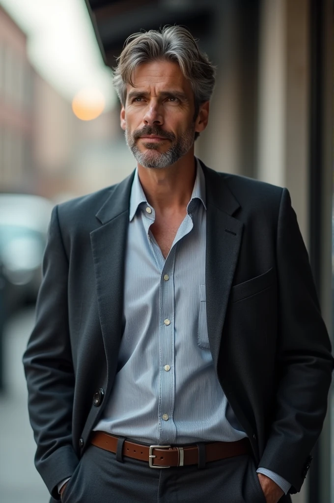 36 year old man, dressed in a suit but casual, chestnut hair, slightly gray.