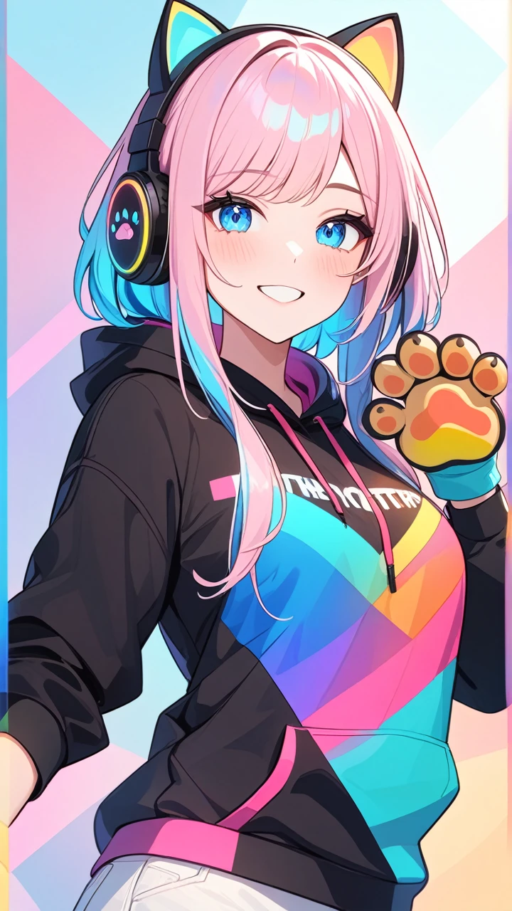 masterpiece,bestquality,superwideangle,fingeraudience,1girl,cat paws gloves, cat headphones,hoodie,pinkandbluehair,hand,cuteanimeface,masterpiece,transparentcolorPVCclothing,transparentcolorvinylclothing,halfbody,glitchlump}onface,smile,mediumhair,filmgrain,lens_flare,colorful,chromaticaberration,dynamicpov,closedmouth,Intenseemotionalexpression:death,glitchart,ultra-detailed,extremelydelicateandbeautiful,albumcover,album,albumdescription,Pixilationonface,Doubleexposure,ChromaticAberration,Lightleaks,Noiseandgrain,Colordegradation,Glitchlettering,art,abstractart,geometry,clearlines,squares,bright,limitedpalette,{canonicalcomposition},neatdiagonalstripedbackground,{{bluewithwhitestripedbackground}},{limitedpalette},flatcolored,blueandwhite,