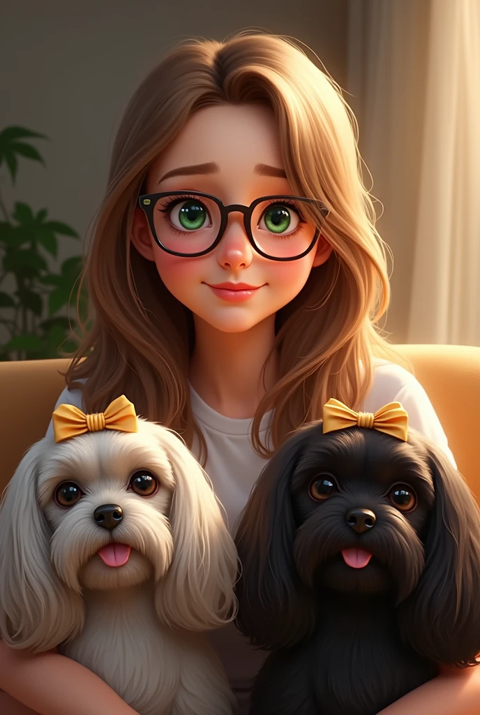 Create a realistic 2D image, me with long, light brown hair, green eyes and I wear glasses. not sofa, with my two Lhasa dogs, One is gray and the other is black with bows on their heads.