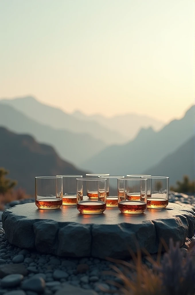 Plateau avec 10 verres de whisky vides