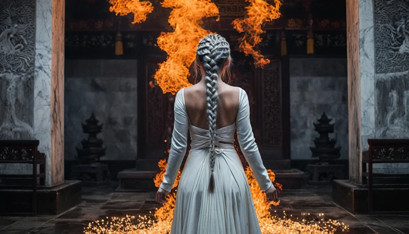 a woman with her back engulfed in flames, her hair is white as snow and is braided the scene is dark and gloomy, must show her full body, This all happens inside a ceremony room in a dark and gloomy temple.