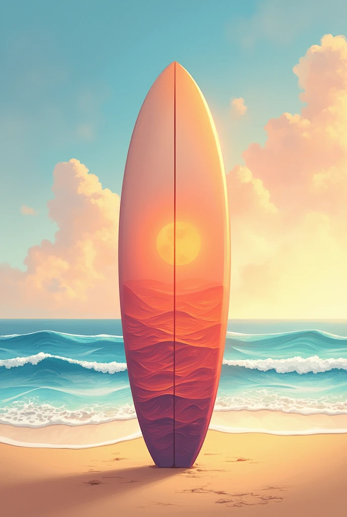 Surf board stand on the beach with orange pastel colors and sunset painted on the board. Painting style.