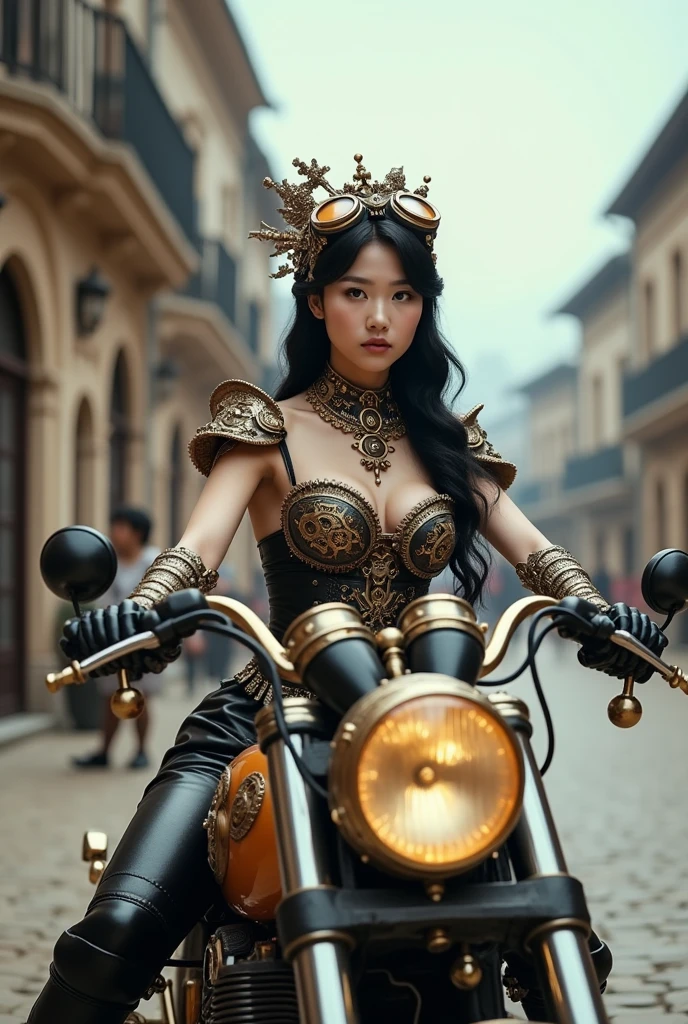 A Korean woman adorned in intricate steampunk attire, seated on a detailed motorcycle. She wears a corset with gears and cogs, a crown-like headpiece with multiple goggles, and gloves with mechanical embellishments. The backdrop is an old-world city with ornate buildings, cobblestone streets, and a clear sky. The motorcycle itself is a fusion of metal and brass, with gears, cogs, and intricate designs. The overall ambiance is one of fantasy and steampunk aesthetics., photo