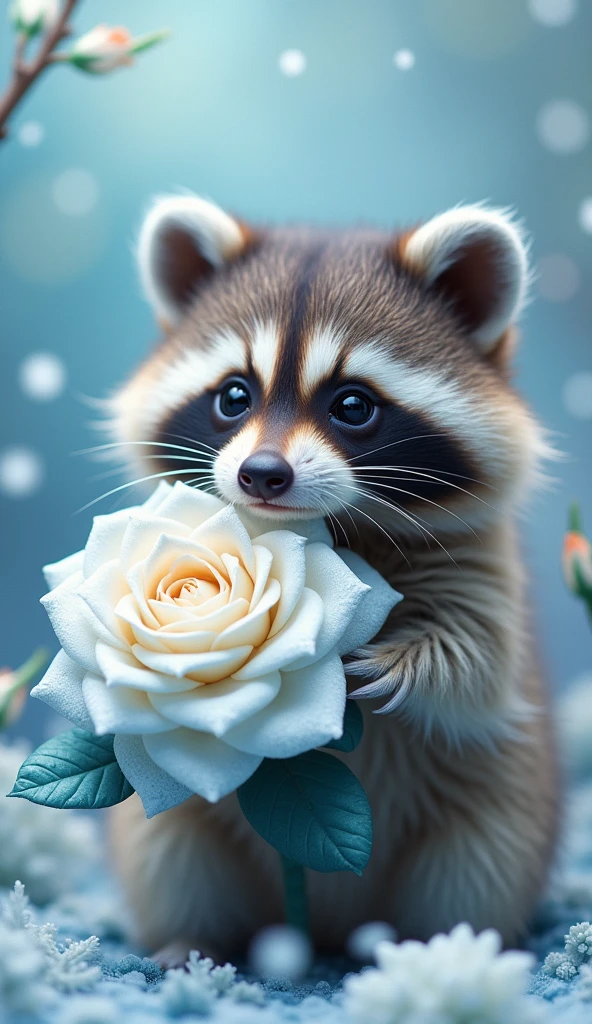 A captivating and enchanting conceptual photograph of a delicately cute, extra fluffy baby raccoon. The raccoon is tenderly grasping a fantastical white rose, meticulously crafted from a one-of-a-kind white and light blue snowflake texture. The rose blooms elegantly, displaying intricate detailing and delicate, flowing petals. The background is an explosion of vibrant, abstract colors, creating a dreamlike, otherworldly atmosphere that perfectly complements the scene. This whimsical masterpiece, resulting from the harmonious fusion of photography and digital art, transports the viewer into a fantastical world, showcasing the extraordinary talent of the artist., conceptual art, 3d render, photo
