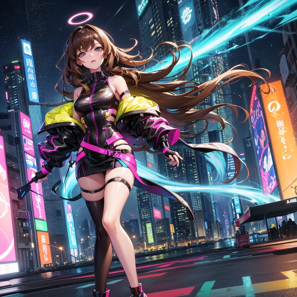 Sure, here's a prompt for you:

"A futuristic girl stands confidently in the bustling heart of a neon-lit city. She has wavy brown hair that cascades down to her shoulders, complementing her bold and daring look. Her outfit consists of a sleek, high-tech mini skirt with metallic accents and thigh-high stockings that add a touch of elegance and strength. The cityscape around her is vibrant and alive, with towering skyscrapers and colorful holographic advertisements illuminating the night. She is a beacon of style and modernity in this advanced urban jungle." NO HENTAI NOOOOOOO