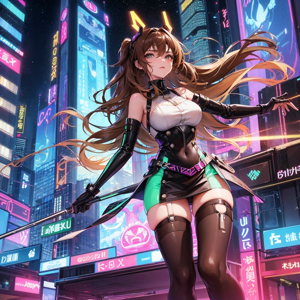 Sure, here's a prompt for you:
"A futuristic girl stands confidently in the bustling heart of a neon-lit city. She has wavy brown hair that cascades down to her shoulders, complementing her bold and daring look. Her outfit consists of a sleek, high-tech mini skirt with metallic accents and thigh-high stockings that add a touch of elegance and strength. The cityscape around her is vibrant and alive, with towering skyscrapers and colorful holographic advertisements illuminating the night. She is a beacon of style and modernity in this advanced urban jungle." NO HENTAI NOOOOOOO