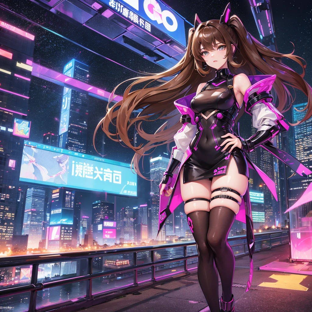 Sure, here's a prompt for you:
"A futuristic girl stands confidently in the bustling heart of a neon-lit city. She has wavy brown hair that cascades down to her shoulders, complementing her bold and daring look. Her outfit consists of a sleek, high-tech mini skirt with metallic accents and thigh-high stockings that add a touch of elegance and strength. The cityscape around her is vibrant and alive, with towering skyscrapers and colorful holographic advertisements illuminating the night. She is a beacon of style and modernity in this advanced urban jungle." NO HENTAI NOOOOOOO