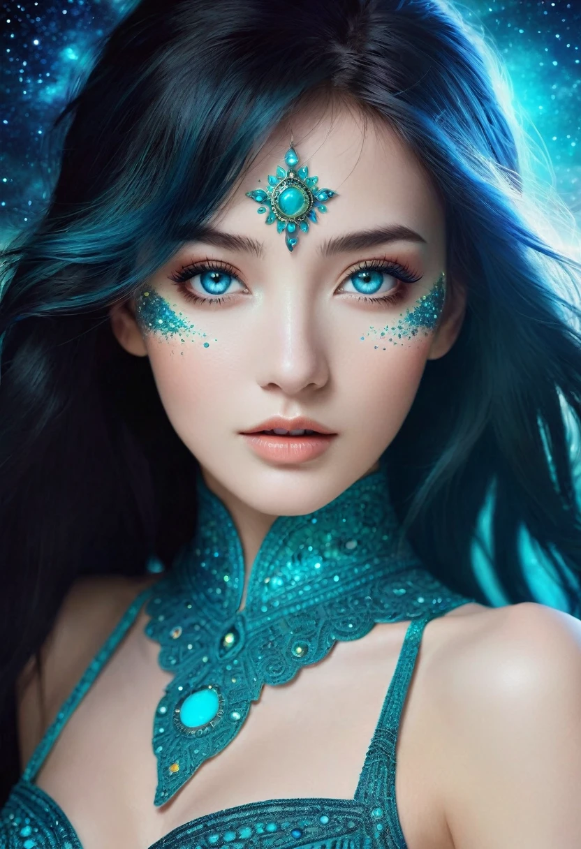She comes from the stars with her skin made from parts of the cosmos. The most beautiful woman the eyes have ever seen, radiant like the sunset, turquoise blue eyes and hair as black as night.