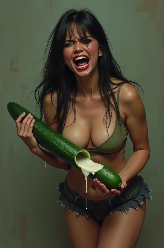 (Photograph of  woman)  (random shot , full body photograph) (ultra realistic  detailed skin texture, ((hyper photorealistic) texture), ( depth of field), (40 yo , hot woman , gorgeous facr, thick black hair, small eyes, straight eyebrows,(palest skin tone) tall woman, explosion, A cup of grapes, falling into the rainbow ) ( detailed facial features ,small tiny flat breasts, attractive  body)