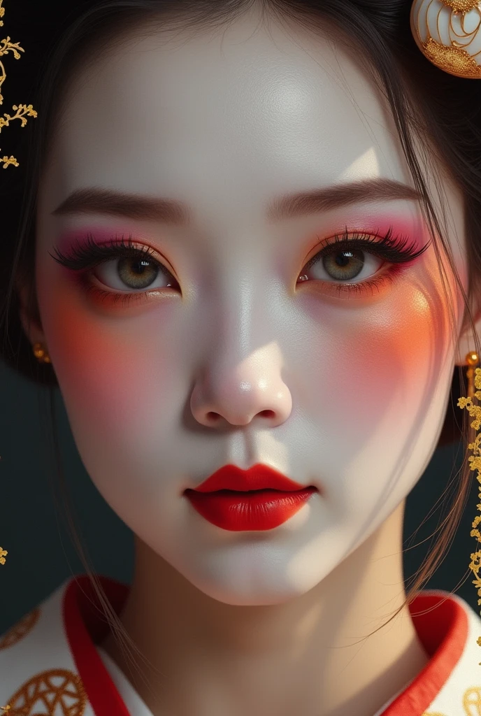 Hello, can you help me create a hyperrealistic painting of a geisha, with gold leaf details, macro close-up of her face, with all the details of her makeup, pearly red lips, orange eye shadow and purple mascara, thank you.