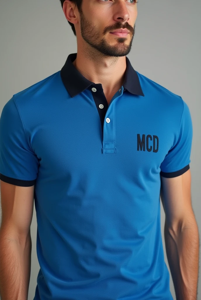 A man wearing a blue cotton piqué polo shirt with the initials MCD on the left chest and the shirt collar being black. , the image that looks good, It's for a clothing store.