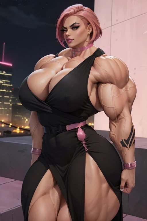 (((Close-up))), tall, (shocking pink hair) beautiful muscular woman, angled bob hair, brown skinned, closed smile, large , (black lipstick), (massive muscles), (hyper muscle), (ginormous bulky muscles), red eyes, (((long pink wrap dress))), white bracelets, choker, high heels, on the rooftop at night, 