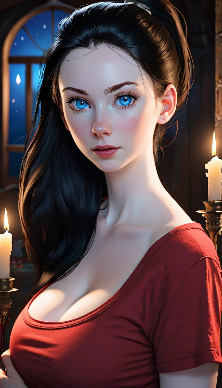 skini girl, red t-shirt , (((((pale skin)))))), blue eyes, white girl, deep black hair, ultra realistic, 16 years old, large breast, (((huge breast))), ponytail hair, candle lights,