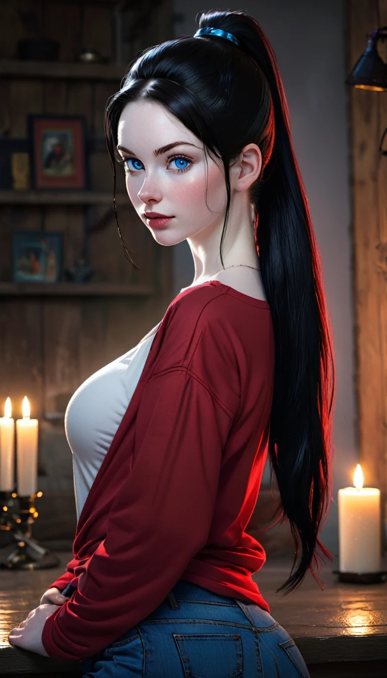 skini girl, red t-shirt , (((((pale skin)))))), blue eyes, white girl, deep black hair, ultra realistic, 16 years old, large breast, (((huge breast))), ponytail hair, candle lights,
