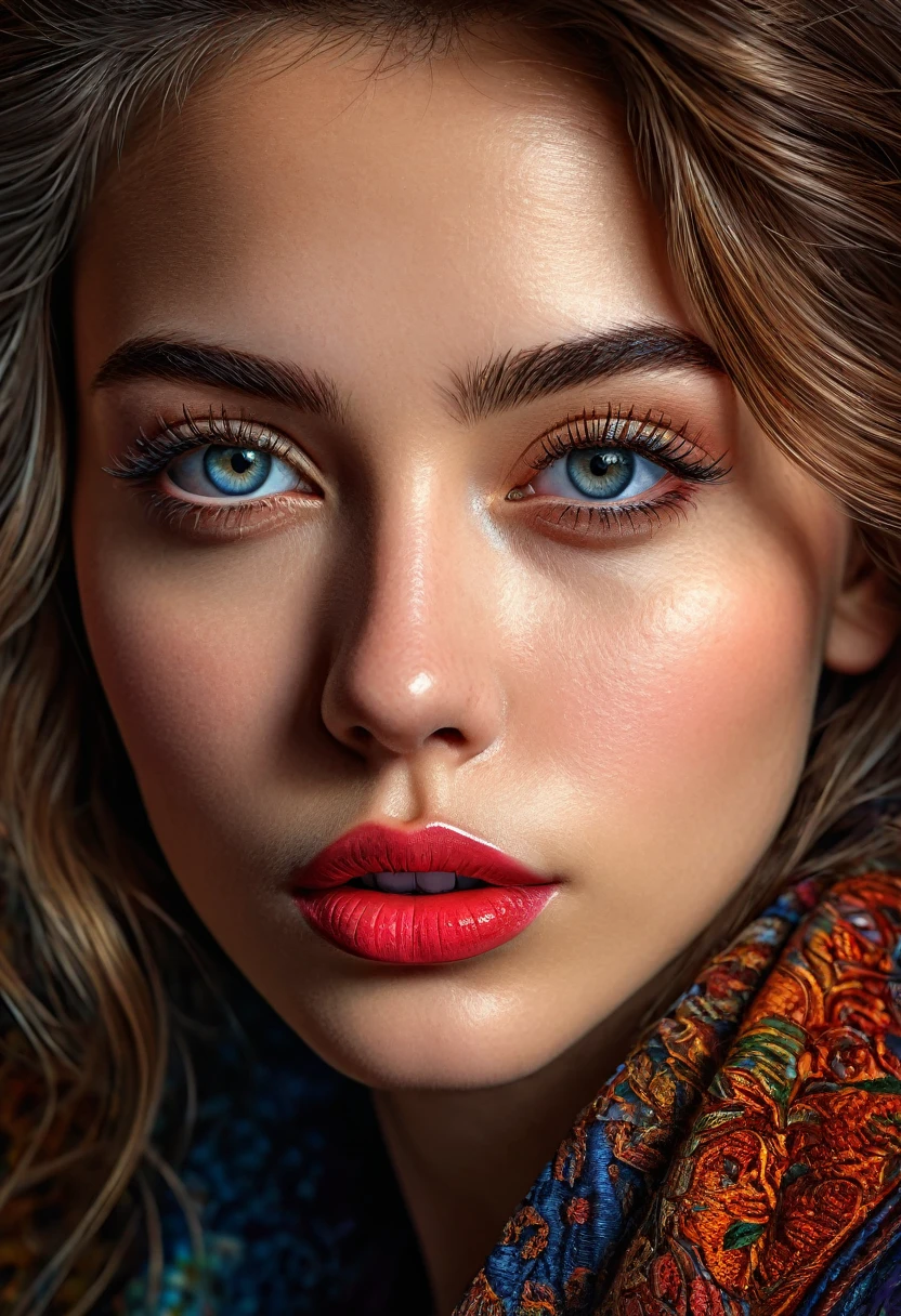 A detailed, realistic, high-quality portrait of a young woman with beautiful, detailed eyes, a beautiful, detailed nose, and beautiful, detailed lips, wearing a stylish outfit, in a photorealistic, masterpiece-quality illustration, with vivid colors, HDR lighting, and a cinematic, moody atmosphere, with a focus on photographic realism and intricate details.