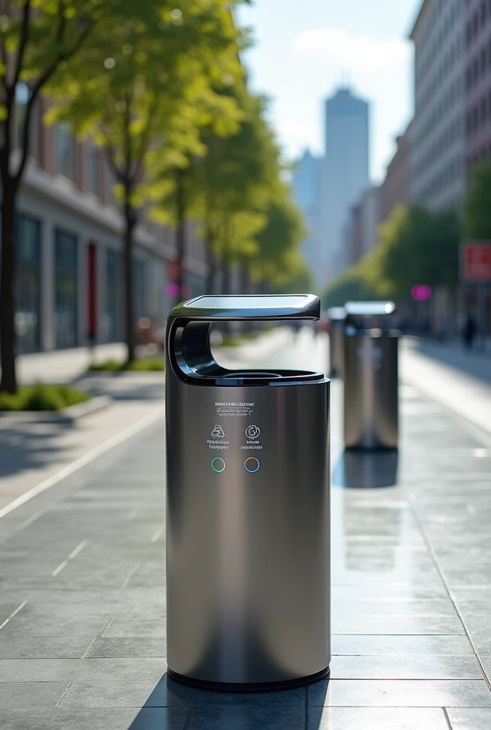 a smart trash can from SmartTrash. The trash can is sleek and futuristic, with a minimalist design and a visible solar panel on top. In the trash can display, there is a digital interface that shows the filling level and the categories of waste detected (Organic, recyclable, não recyclable).
No fundo, the city is clean and organized, with other smart bins visible in the distance, highlighting system integration.