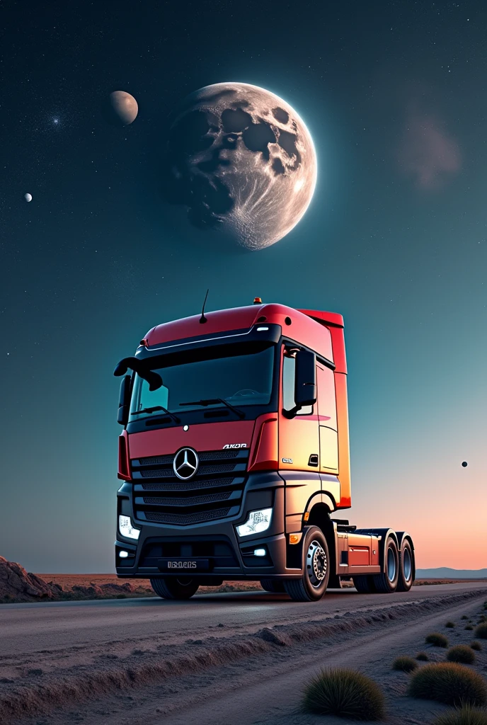 a mercedes axor truck, half truck half rocket, around the image have planets and stars, the truck is heading to the moon