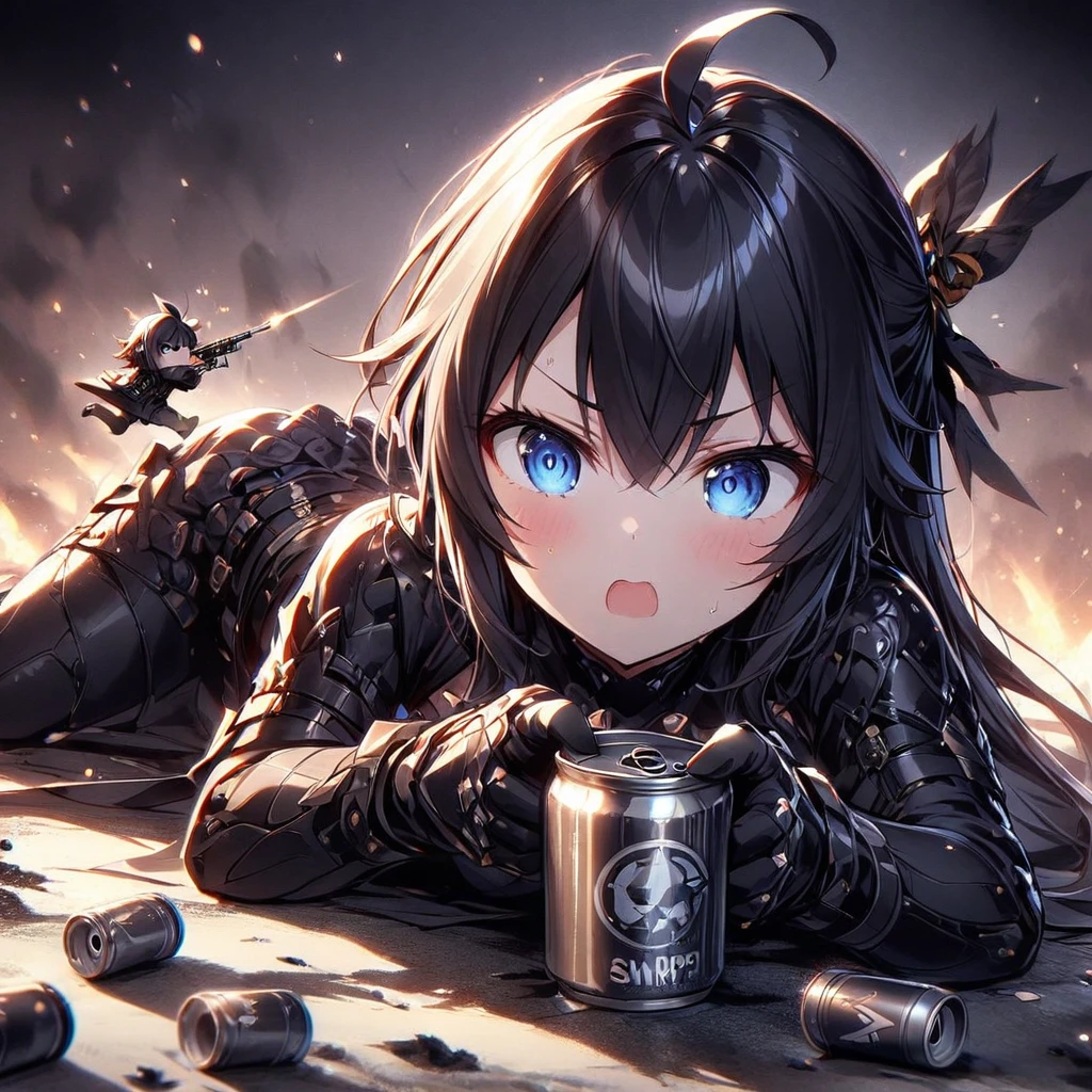 A girl sniping at an empty can、Chibi Character、Ahoge、Black Hair、Popping cans