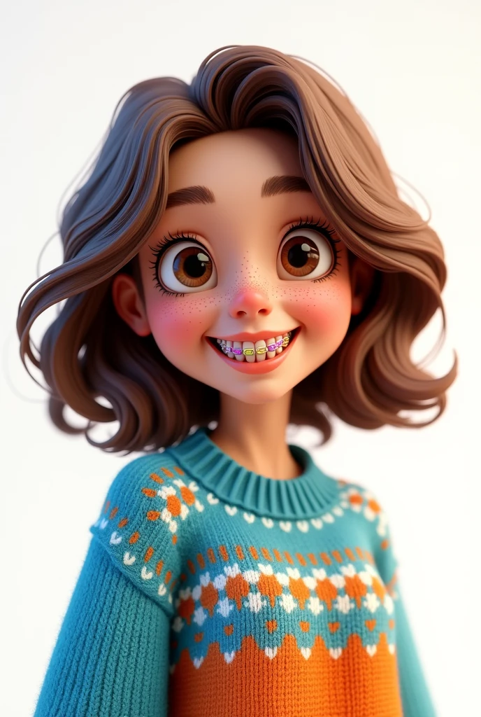 create a 3D image/cartoon portrait, of a 29 year old woman, wavy bob hair, almond eyes, blue and orange sweater, braces on her teeth, freckles on her face, white background