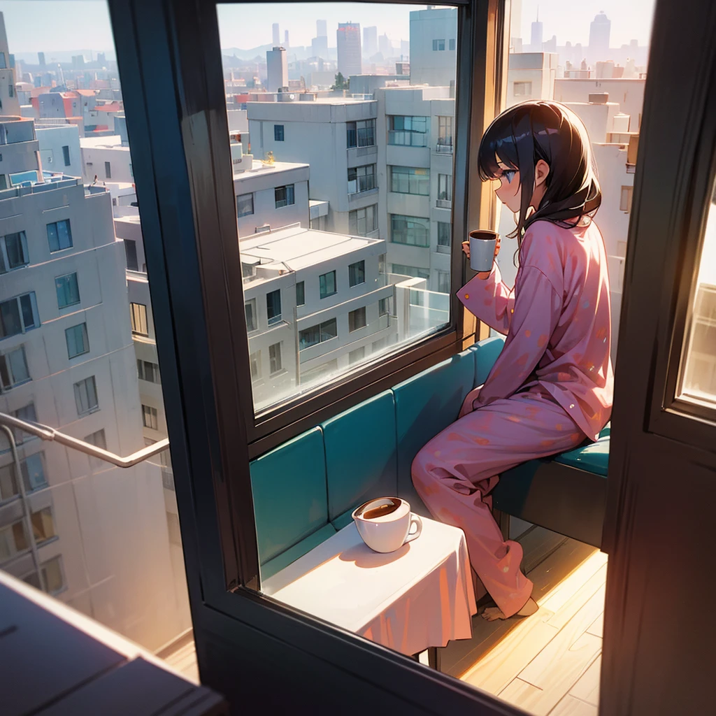 girl in the morning sitting dressed in pajamas with a cup of coffee looking out the window, outside the window is a city