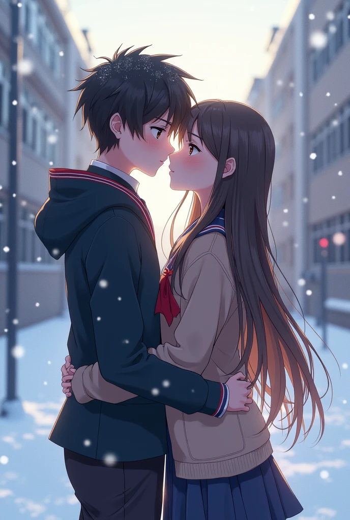 Boy and his girlfriend in high school students and out side in school and winter session in on snow fall suitation and girl kis boy  both are in school uniform and girl is demon but cute 