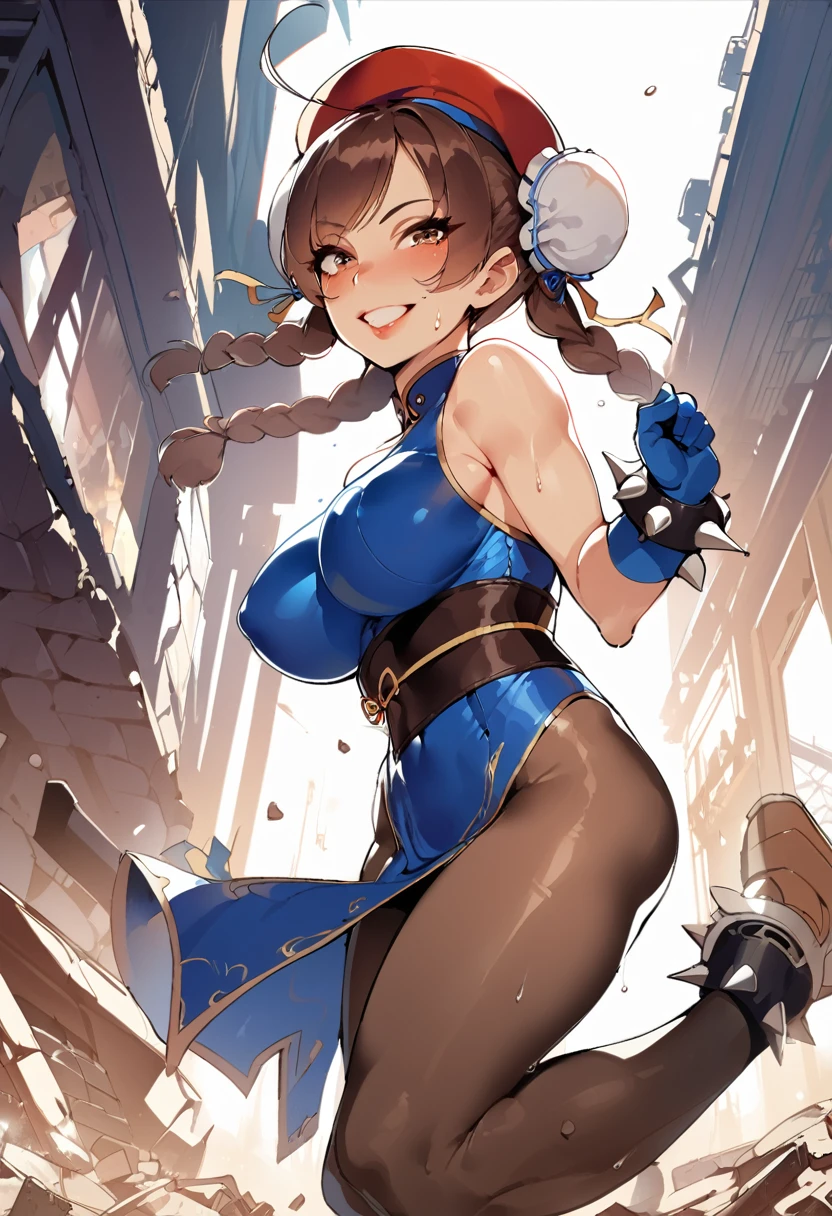 masterpiece,best quality,extreme detail,8k,cammyfn, 1girl, solo, Cammy, long hair, breasts, blue eyes,brown blonde hair, large breasts, gloves, red hat, braid, ahoge, twin braids, leotard, lips, makeup, beret, scar, antenna hair, nose, harness, huge ahoge, green leotard, leotard outfit, sleeveless, sweaty,sweat, exhausted,sleeveless,cross eye, full body , 1girl, (solo:1.2), (jumping:1.3), (mid air:1.3), (cowboy shot:1.5), smile, happy, (masterpiece:1.3), (best quality:1.3), (perfect anatomy:1.4), highly detailed, chun li, brown eyes, short hair, double bun, bun cover, blue dress, pelvic curtain, spiked bracelet, sash, brown pantyhose, (post fight scenery:1.3), rubble, outside, daylight, nyantcha, expressive faces, anime-inspired, (cell shading:1.2), lips, merging