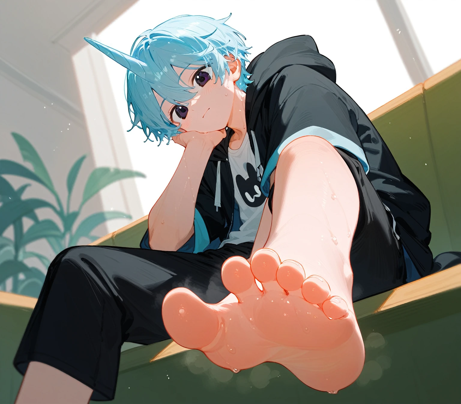 A cute boy showing his stinky feet at low angle,barefoot, Sweating on the soles of the feet, Foot Focus,White T-shirt, Black Hooded Jacket, There are bangs between the eyes,short hair,Light blue hair, Black pants, Anatomically correct, 头部中间有一个蓝色的Unicorn,Unicorn, black eyes, Look at the audience,bothersome,Correct toes