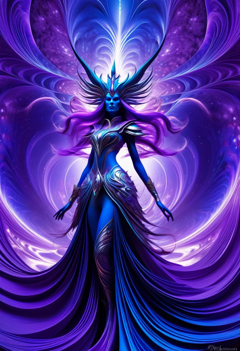 Tzeentch as a woman,displaying her own power.((changing,knowledge,defiance, plotting, foreseeing)),((violet,blue, purple)),(( Full figure wiew)). ((Three quarter wiew)).((fractal)),((deep wiew)),warp space scenario background,photographic,ultra high resolution,hyperdetailed, masterpiece, 3d modelling, digital art. 