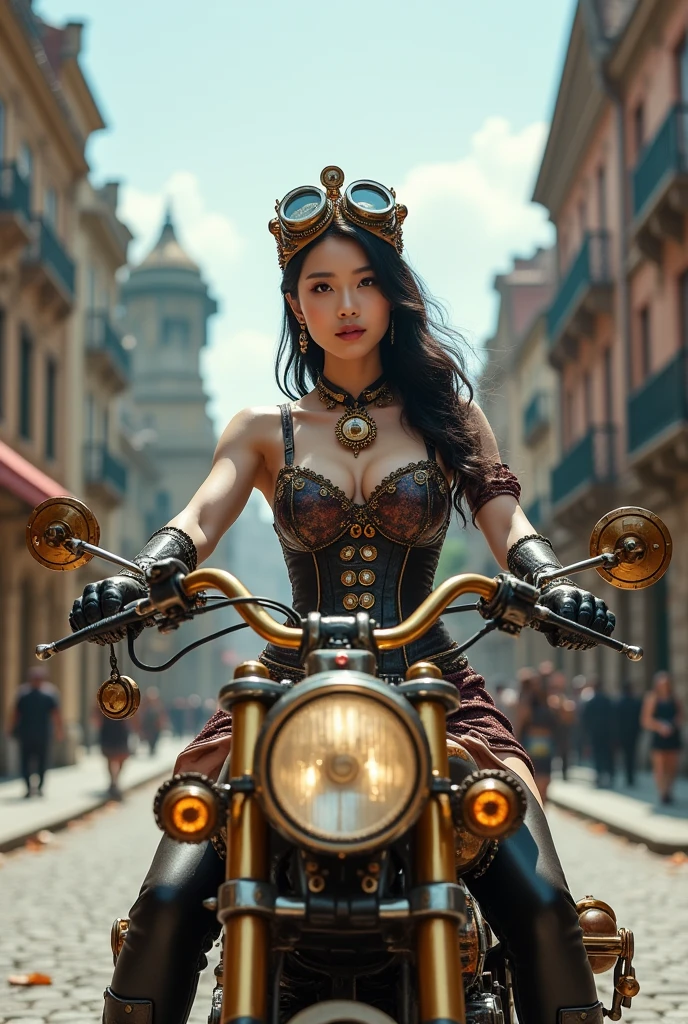 A Korean woman adorned in intricate steampunk attire, seated on a detailed motorcycle. She wears a corset with gears and cogs, a crown-like headpiece with multiple goggles, and gloves with mechanical embellishments. The backdrop is an old-world city with ornate buildings, cobblestone streets, and a clear sky. The motorcycle itself is a fusion of metal and brass, with gears, cogs, and intricate designs. The overall ambiance is one of fantasy and steampunk aesthetics., photo