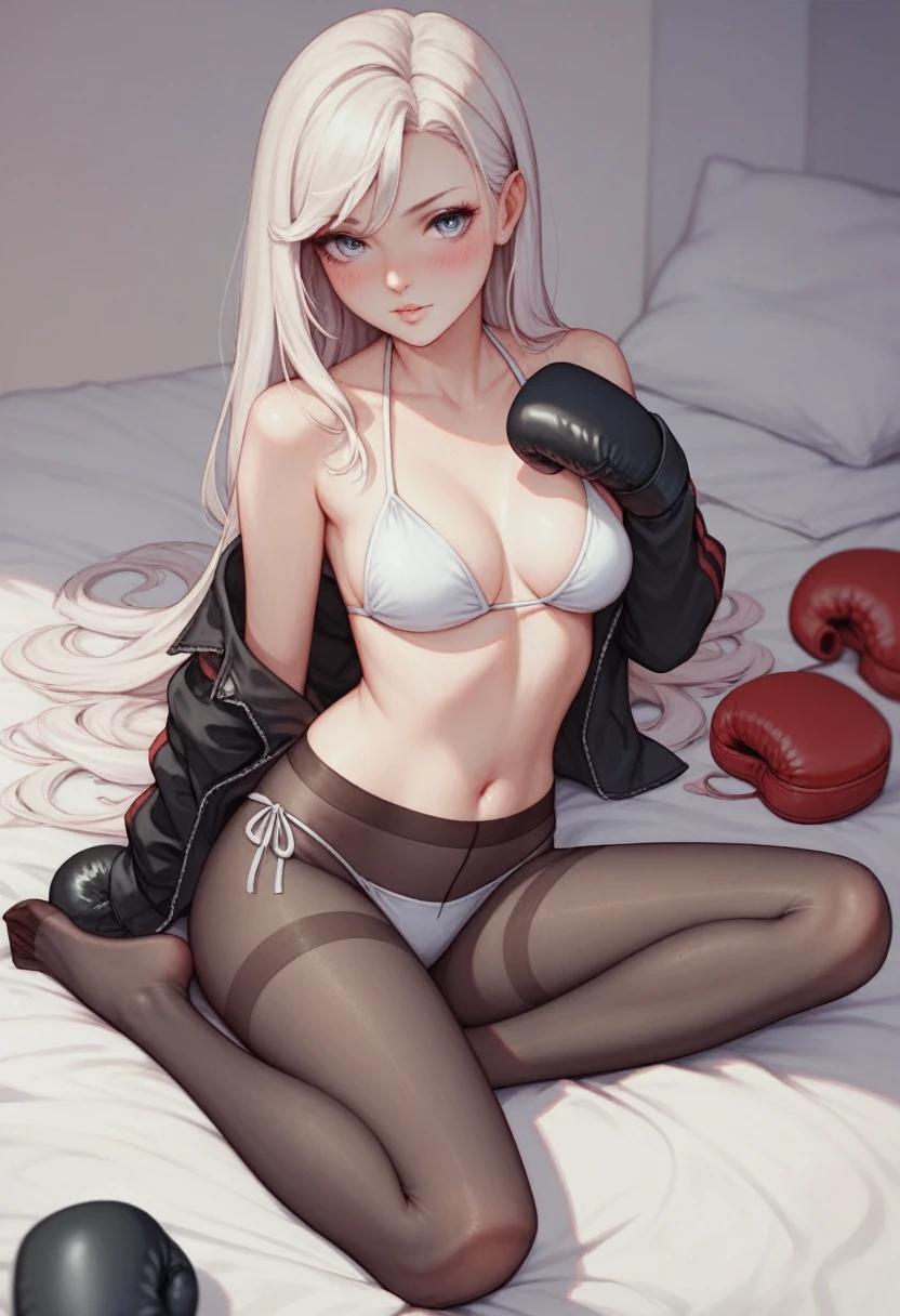 A slim beautiful girl,Good shape,Pretty Face,detailed picture, blush,White long hair,Wearing a bikini,Wearing pantyhose,No shoes,Wearing boxing gloves,Wearing black sleeves,She's lying in the boxing ring,Large Breasts,Cleavage,Thin legs,nipple,Camel toe,Sole