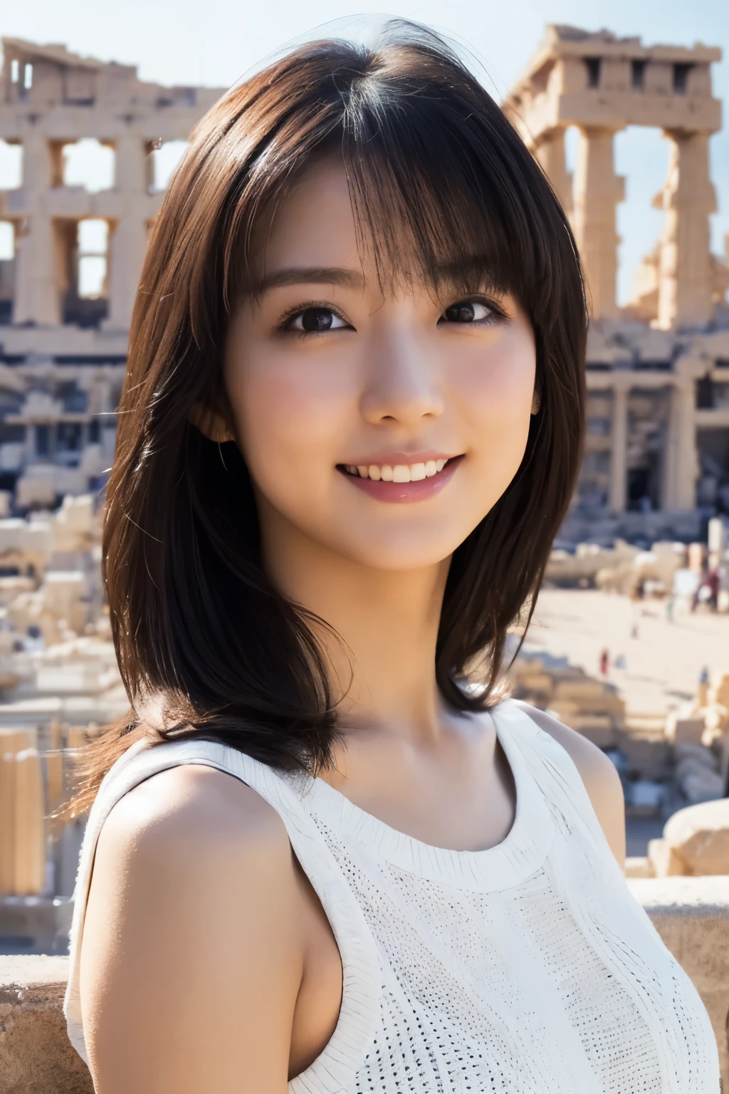 One Girl, (wear casual summer clothes:1.2), (Beautiful Japanese idol portrait photos), 
(RAW Photos, Highest quality), (Realistic, Realistic:1.4), masterpiece, 8K Portrait, 
Very delicate and beautiful, Very detailed, 2k wallpaper, wonderful, In detail, 
Very detailed CG unity 8k wallpaper, Very detailedな, High resolution, Soft Light, 
Beautiful detailed girl, Very detailed eyes and face, Beautiful and sophisticated nose, Beautiful details, 
(Commemorative photo with the Parthenon in the background:1.3), Cinema Lighting, 
Perfect Anatomy, Slender body, Small breasts, Medium Hair, Dynamic Angle, A light smile,